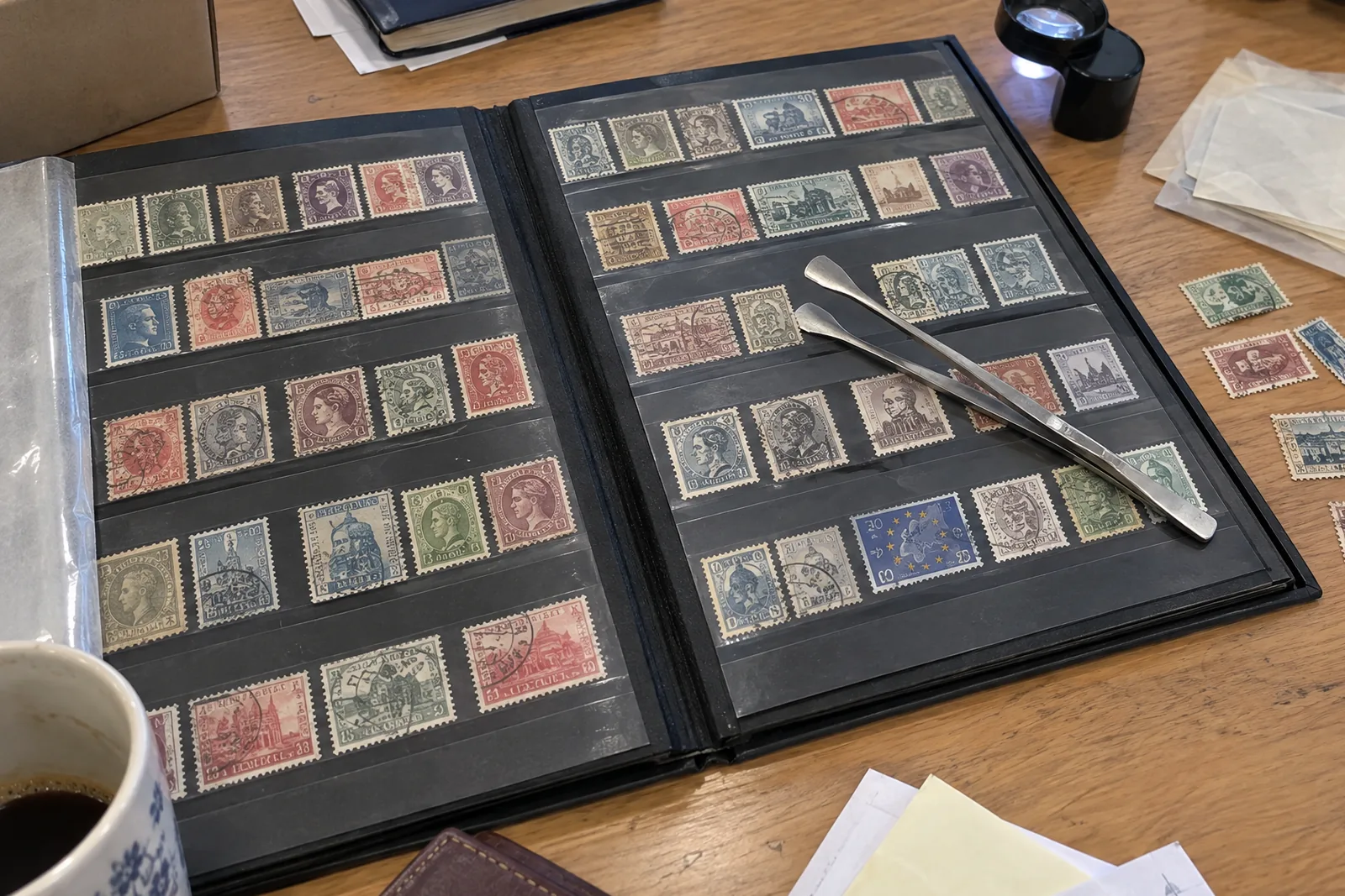 Einsteckbuch mit Briefmarken, Pinzette und LED-Lupe auf einem Arbeitstisch