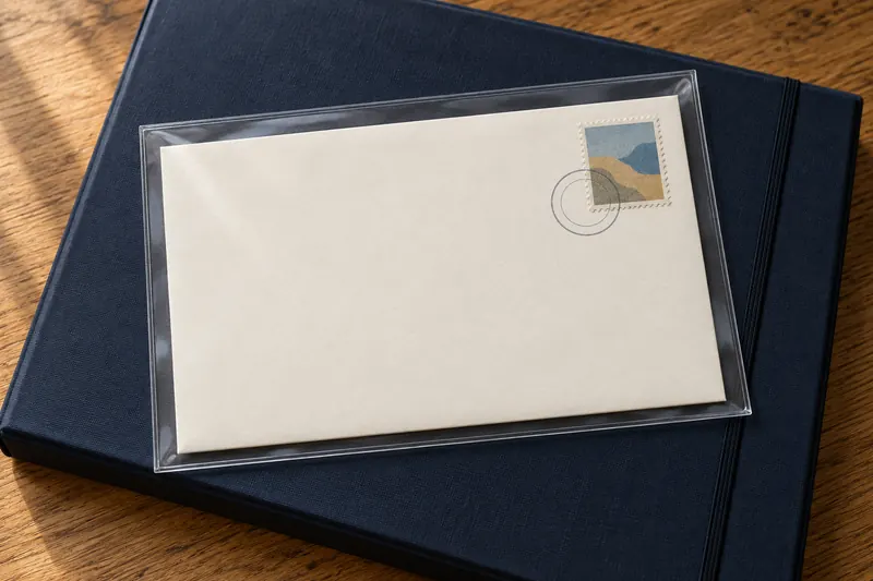 Symbolbild: Ein neutraler Sammlerbrief in transparenter Schutzhülle auf einer dunkelblauen Mappe auf Holz