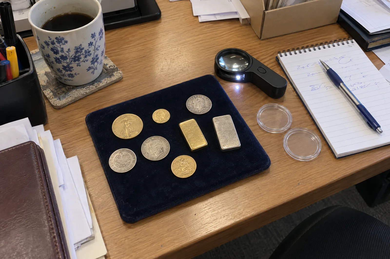 Gold- und Silbermünzen sowie zwei kleine Barren auf einer Unterlage