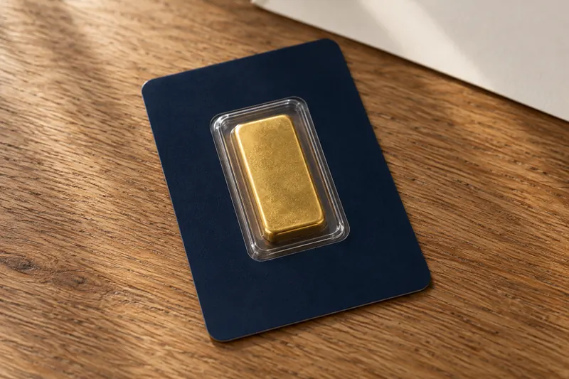 Symbolbild: Ein goldfarbener Barren in einer neutralen Blisterkarte auf einem warmen Holztisch