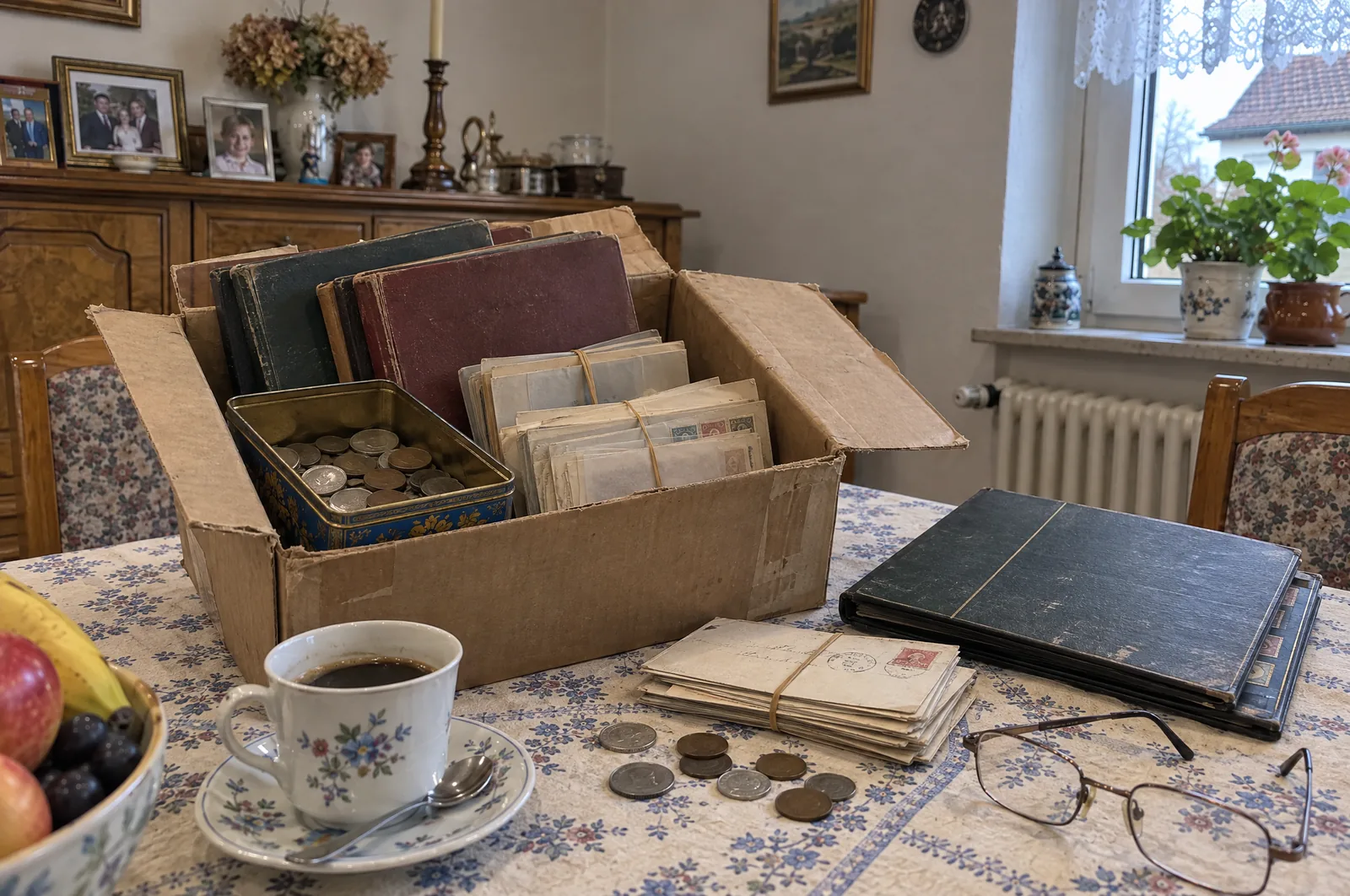 Geerbte Sammlung mit Alben, Briefen und Münzen in einem geöffneten Karton