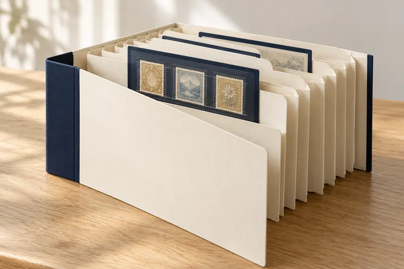Symbolbild: Eine cremefarbene Fächermappe mit dunkelblauen Kanten und Briefmarkenkarten auf einem Holztisch