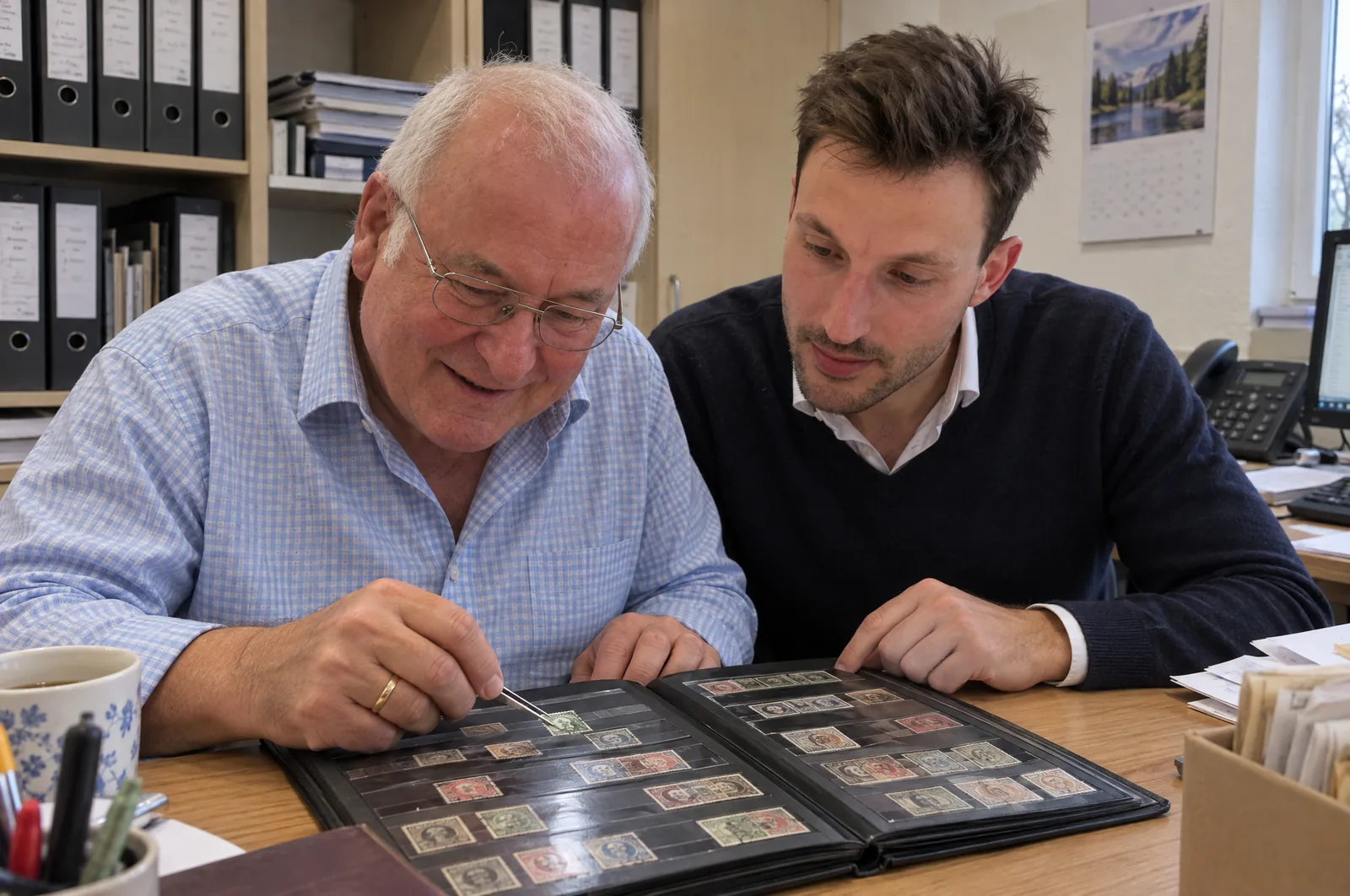 Werner und Robert Klöpsch sehen sich gemeinsam ein Briefmarkenalbum im Büro an